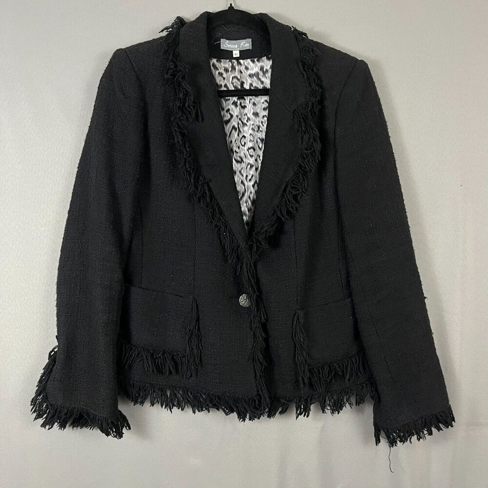 Serena Kay‎ Blazer Jacket Women's 42 Black Cotton Fringe Trim Notch Lapel Career